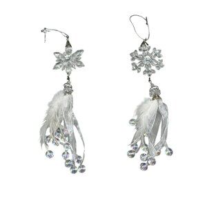 set of 2 plastic Snowflake Hanging Ornament With Feathers & Iridescent Beads